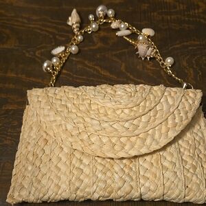 Elegant Tan Rattan Clutch With Embellished Unique Coastal Strap